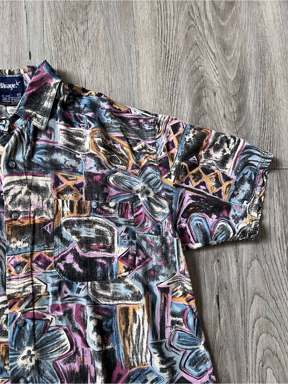 Vintage Rivage Multicolor Abstract Print Short-Sleeve Shirt - Blue/Pink/Black